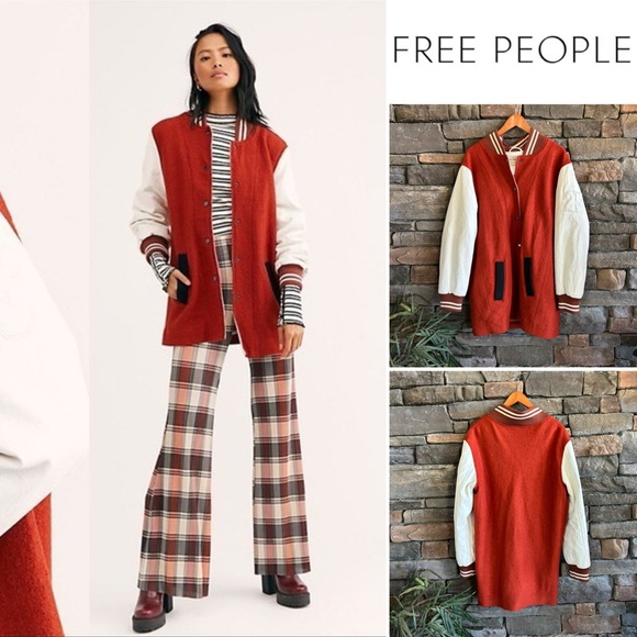 Free People Jackets & Blazers - Free People Faux Leather And Wool Orange And White Varsity Jacket